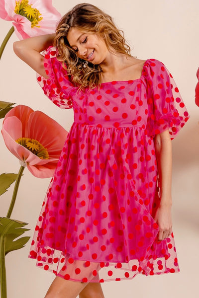 Hot Pink Polka Dot Puff Sleeve Dress