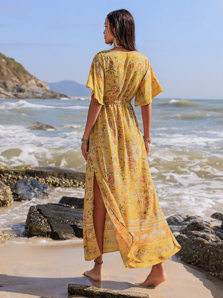 Floral Drawstring Half Sleeve Long Dress