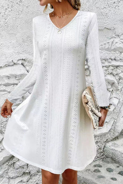 Eyelet V-Neck Long Sleeve Mini Dress