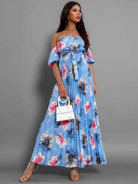 Pleated Floral Off-Shoulder Midi Dress