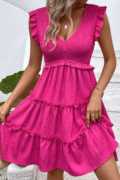 Hot Pink Smocked Deep V Dress