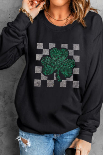 Rhinestone Checkered Lucky Clover Sweatshirt