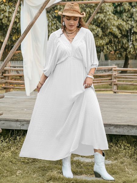 White Swiss Dot Three-Quarter Sleeve Maxi Dress+