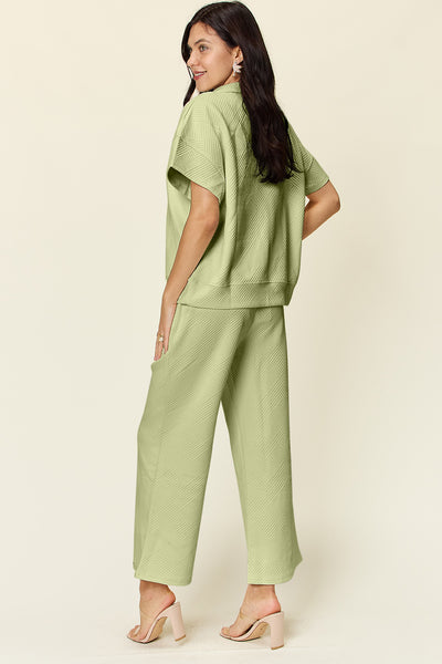 Two-Piece Textured Half Zip Top and Pants Set+