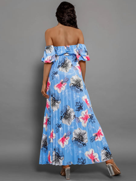 Pleated Floral Off-Shoulder Midi Dress