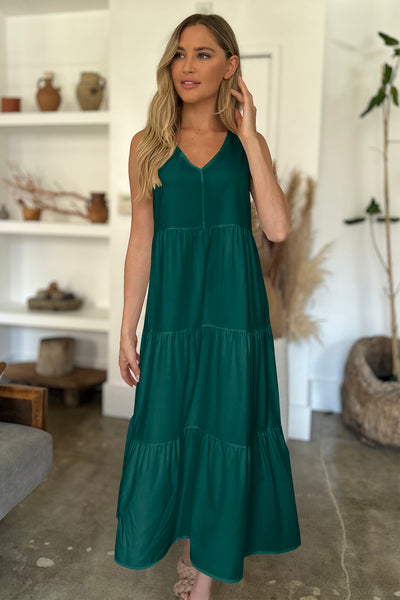 Green V-Neck Tiered Midi Dress