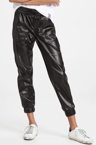 Black Drawstring Vegan Leather Pocketed Pants