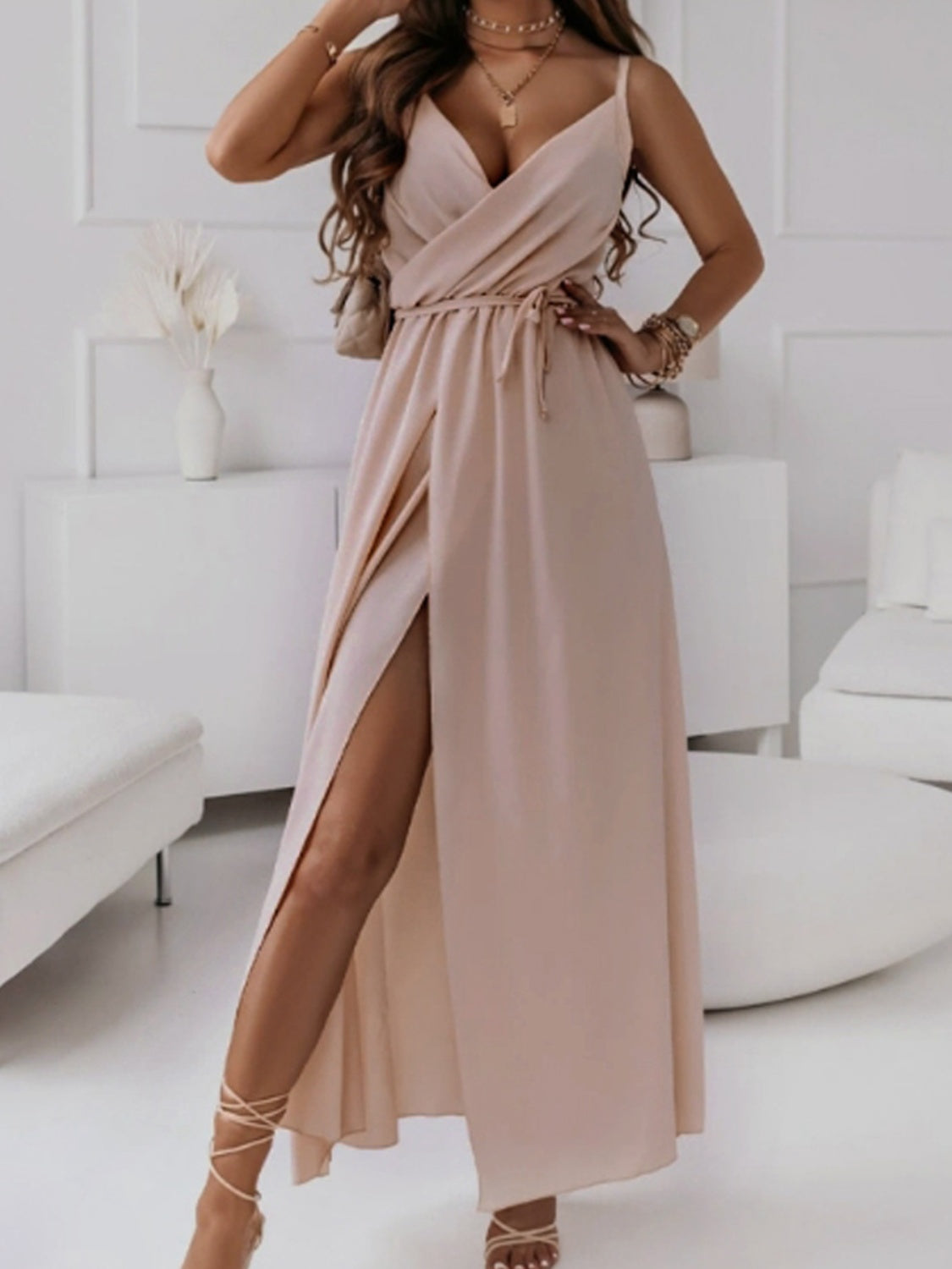 Pale Pink Surplice Sleeveless Midi Cami Dress