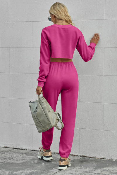 Hot Pink Long Sleeve Cropped Top and Pants Set