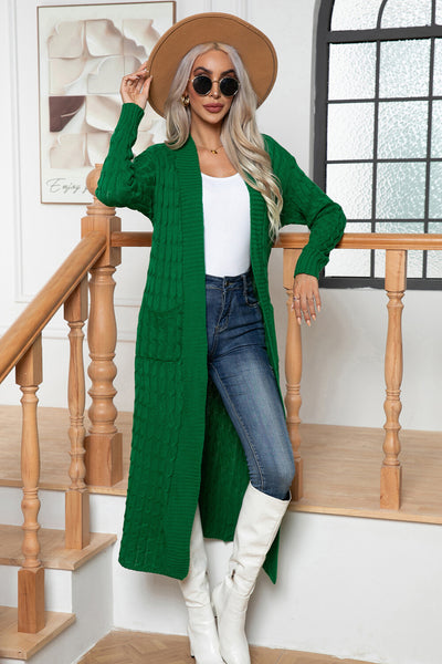 Green Cable-Knit Long Cardigan