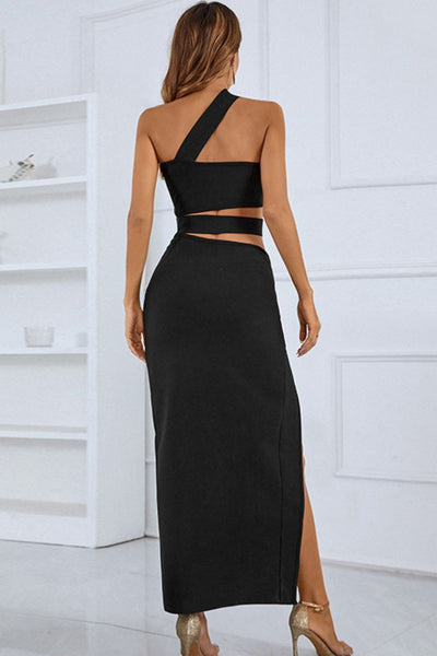 Black One-Shoulder Cutout Front Split Maxi Dress