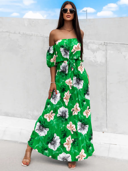 Pleated Floral Off-Shoulder Midi Dress