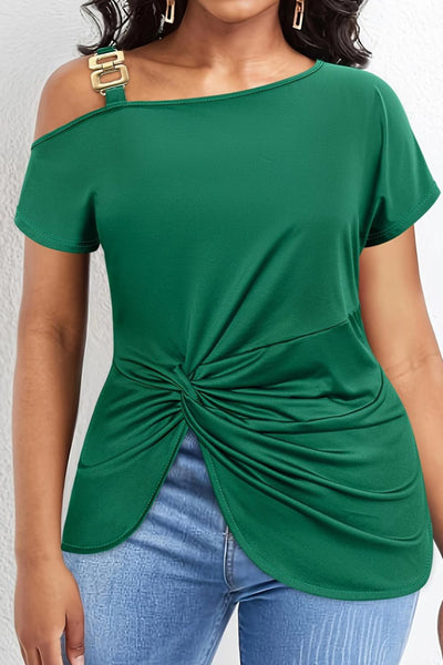 Deep Green Asymmetrical Neck Short Sleeve Shirt+