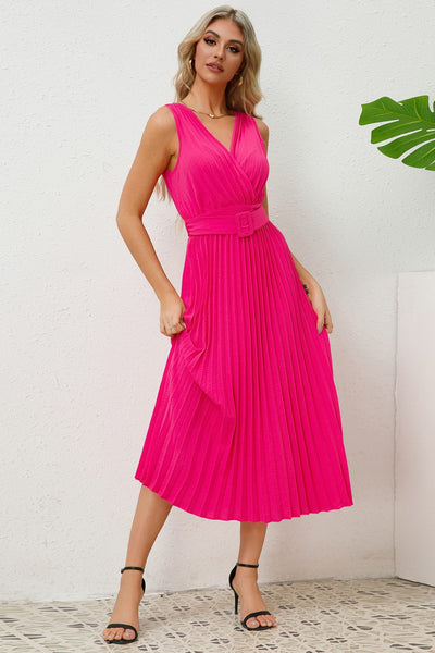 Pleated Surplice Belted Midi Dress