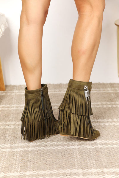 Olive Tassel Wedge Heel Ankle Booties