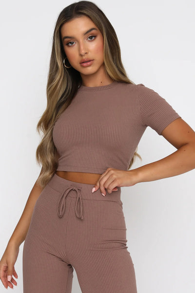 Short Sleeve Crop Top and Drawstring Pants Set