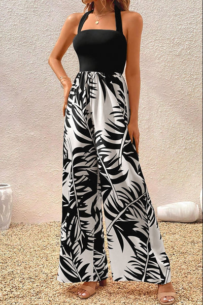 Palm Print Wide Leg Jumpsuit