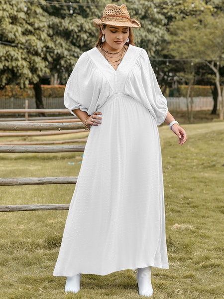 White Swiss Dot Three-Quarter Sleeve Maxi Dress+