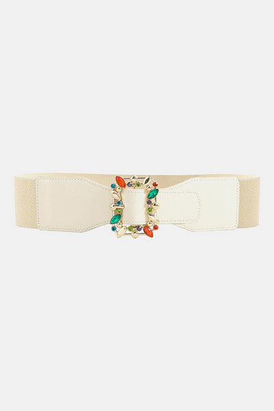 Ivory Multicolored Gem Buckle Elastic Belt