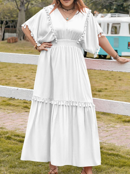 White Tassel Smocked V-Neck Maxi Dress+