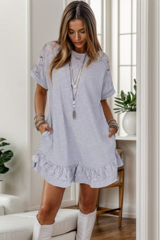 Gray Round Neck Short Sleeve Ruffle Dress