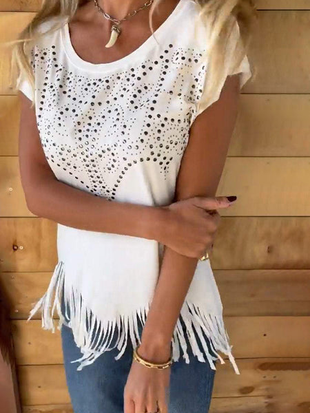 Studded Fringe Cap Sleeve T-Shirt+