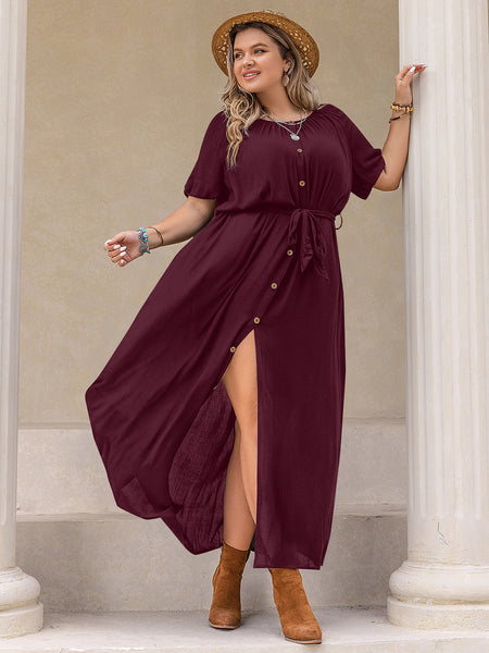 Button Down Round Neck Maxi Dress+