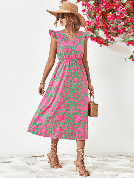 Pink & Green Printed Cap Sleeve Dress