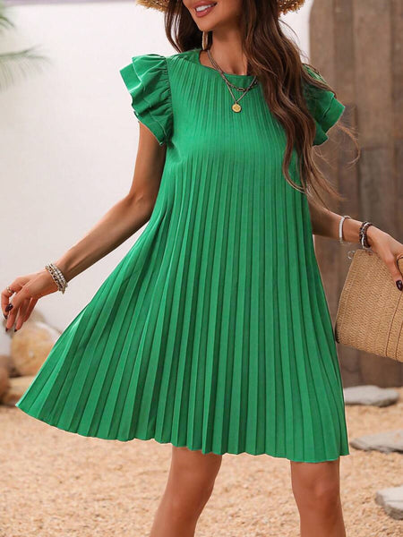 Green Pleated Cap Sleeve Dress