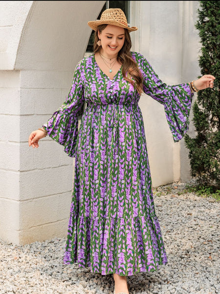 Floral V-Neck Long Sleeve Maxi Dress+