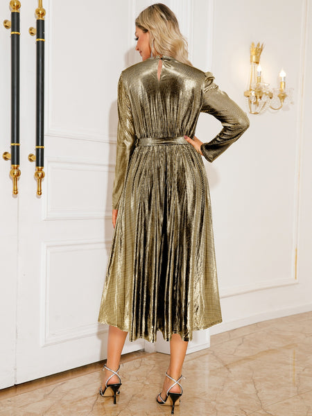 Metallic Tie Waist Long Sleeve Midi Dress