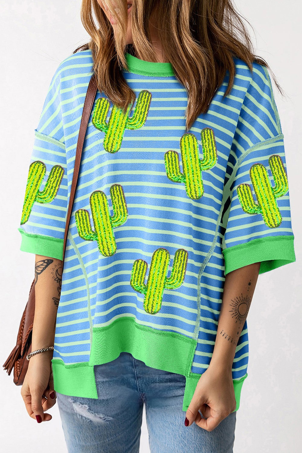 Sequins Cactus Striped Round Neck T-Shirt