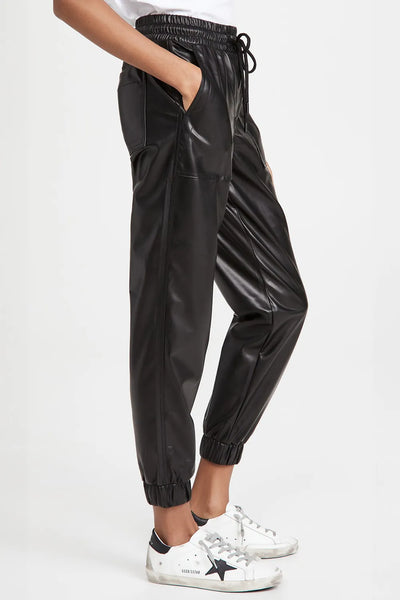 Black Drawstring Vegan Leather Pocketed Pants