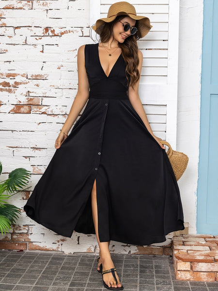 V-Neck Sleeveless Midi Dress