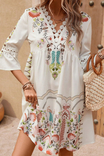 Lace Detail Printed Three-Quarter Sleeve Dress