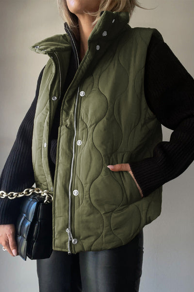 Green Collared Neck Vest with Pockets