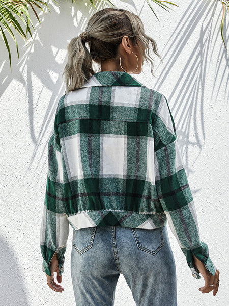 Dark Green Plaid Cropped Shirt Jacket