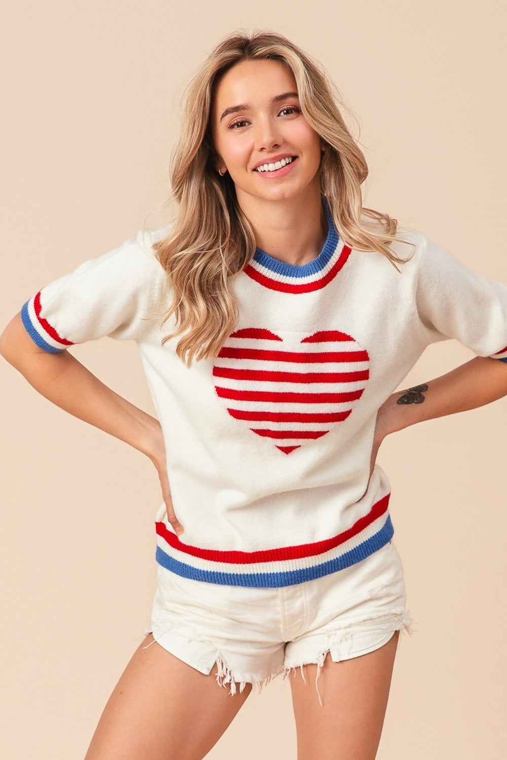 USA Collection Striped Heart Short Sleeve Sweater