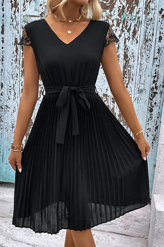 Black Pleated Lace Back Dress