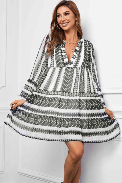 Abstract Notched Neck Tiered Dress