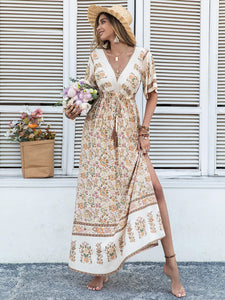 Floral Drawstring Half Sleeve Long Dress