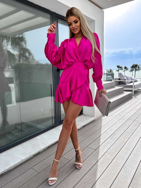 Satin Long Sleeve Lantern Sleeve Mini Dress