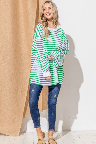 Green Striped Oversized Long Sleeve Top