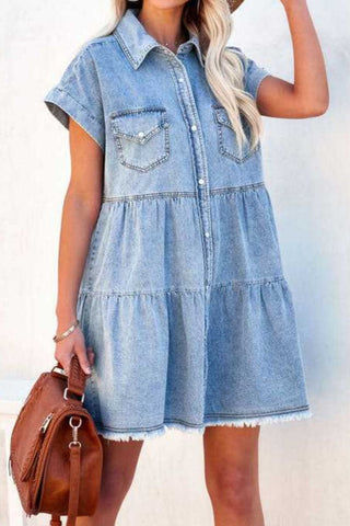 Raw Hem Short Sleeve Denim Dress