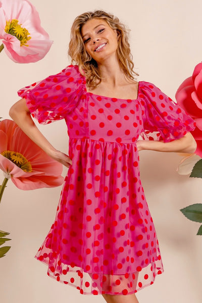 Hot Pink Polka Dot Puff Sleeve Dress