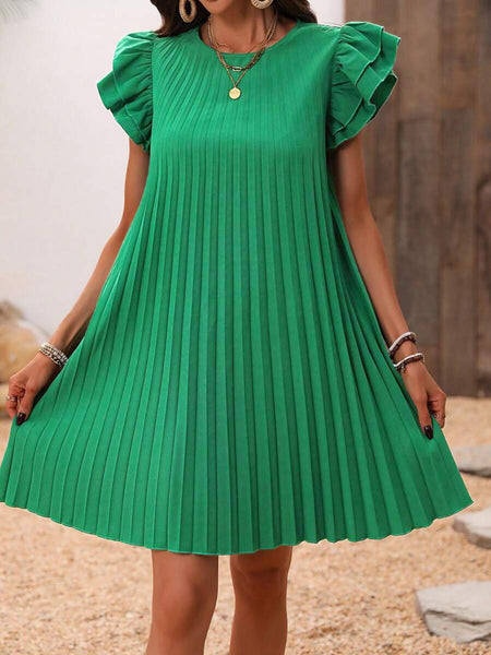 Green Pleated Cap Sleeve Dress