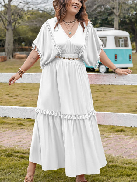 White Tassel Smocked V-Neck Maxi Dress+