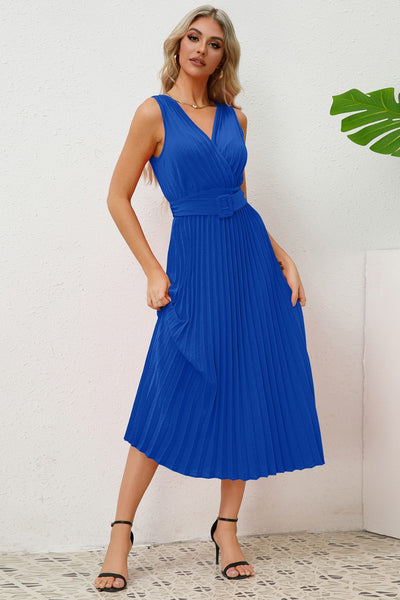 Pleated Surplice Belted Midi Dress