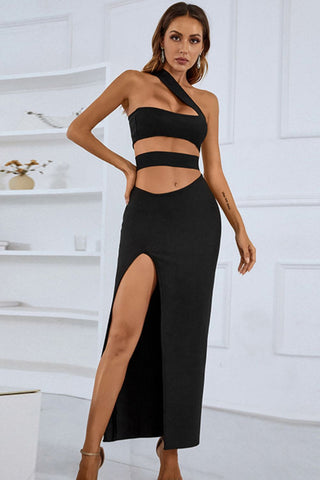 Black One-Shoulder Cutout Front Split Maxi Dress