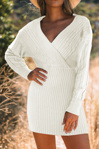 Green Cable-Knit Lantern Sleeve Sweater Dress